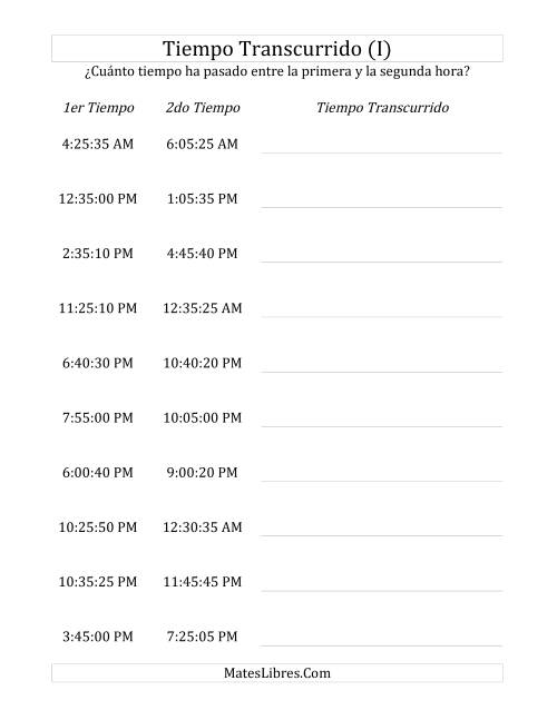 La hoja de ejercicios de Medir Tiempo Transcurrido, Hasta 5 Horas en Intervalos de 5 Minutos y 5 Segundos (I)