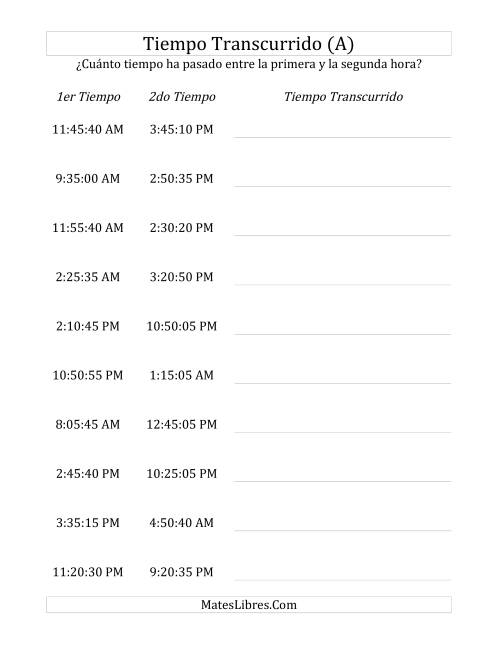 La hoja de ejercicios de Medir Tiempo Transcurrido, Hasta 24 Horas en Intervalos de 5 Minutos y 5 Segundos (A)