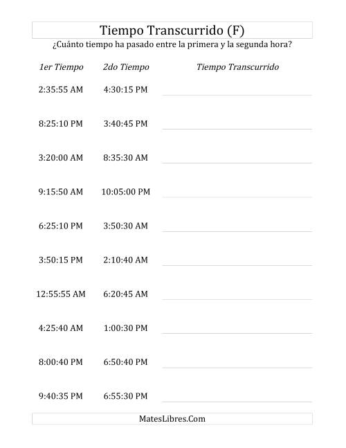 La hoja de ejercicios de Medir Tiempo Transcurrido, Hasta 24 Horas en Intervalos de 5 Minutos y 5 Segundos (F)