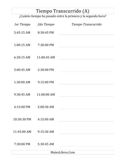 La hoja de ejercicios de Medir Tiempo Transcurrido, Hasta 24 Horas en Intervalos de 15 Minutos y 15 Segundos (A)