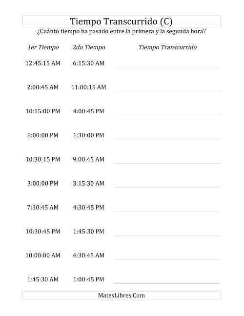 La hoja de ejercicios de Medir Tiempo Transcurrido, Hasta 24 Horas en Intervalos de 15 Minutos y 15 Segundos (C)