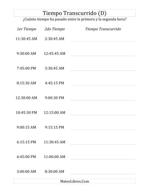 La hoja de ejercicios de Medir Tiempo Transcurrido, Hasta 24 Horas en Intervalos de 15 Minutos y 15 Segundos (D)