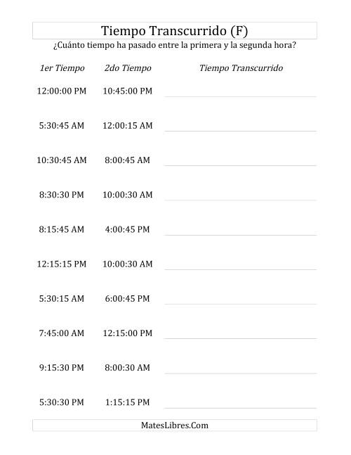 La hoja de ejercicios de Medir Tiempo Transcurrido, Hasta 24 Horas en Intervalos de 15 Minutos y 15 Segundos (F)