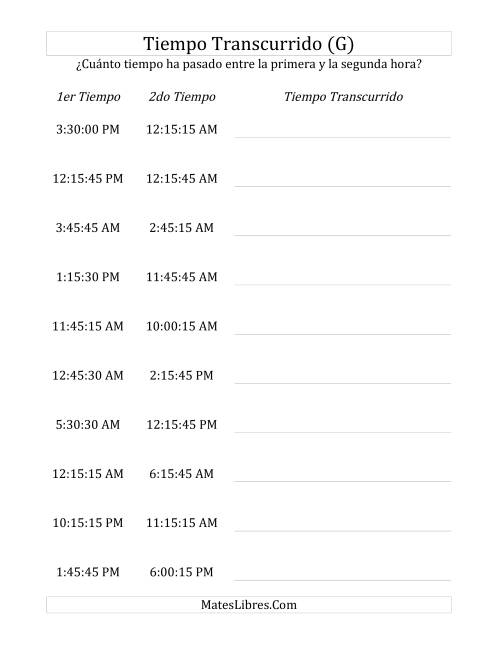 La hoja de ejercicios de Medir Tiempo Transcurrido, Hasta 24 Horas en Intervalos de 15 Minutos y 15 Segundos (G)