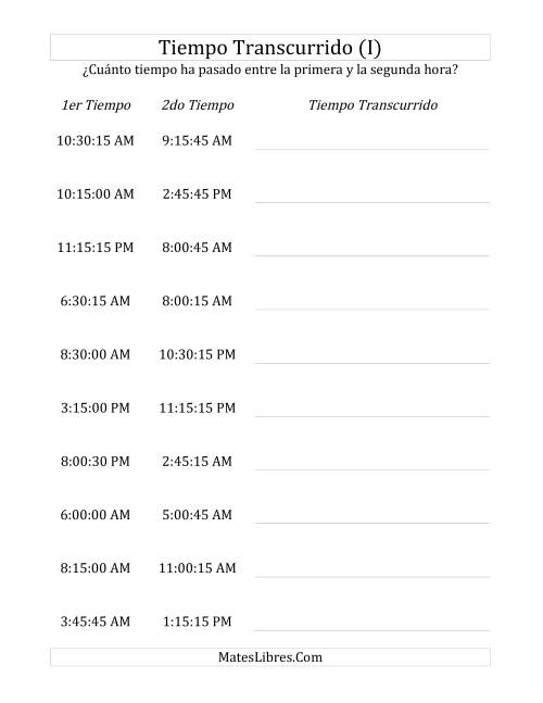 La hoja de ejercicios de Medir Tiempo Transcurrido, Hasta 24 Horas en Intervalos de 15 Minutos y 15 Segundos (I)