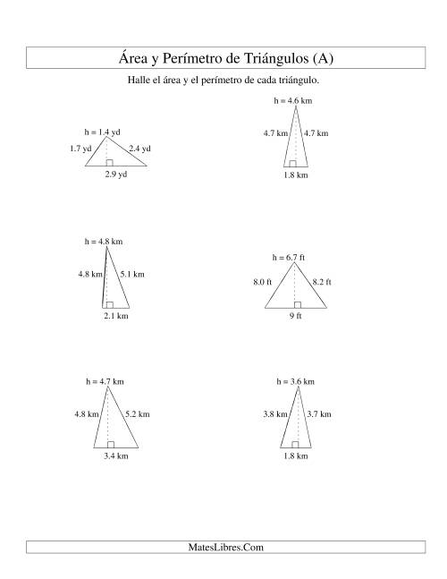 La hoja de ejercicios de Área y Perímetro de Triángulos, Un Lugar Decimal, Rango de 1 a 9 (A)