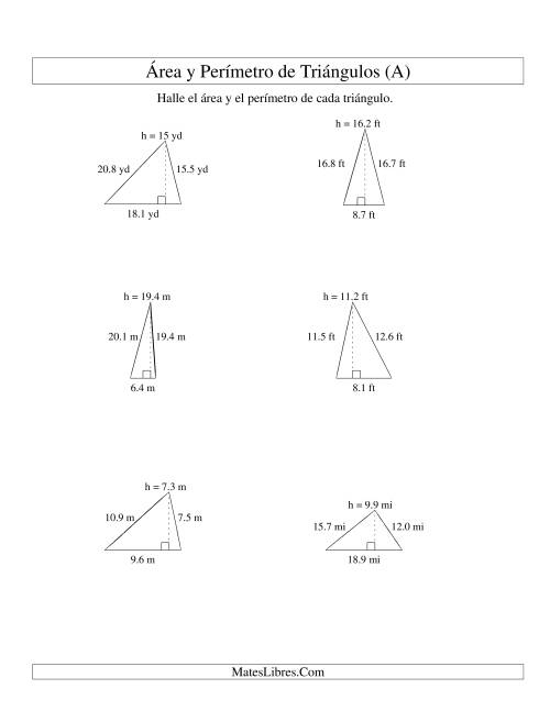 La hoja de ejercicios de Área y Perímetro de Triángulos, Un Lugar Decimal, Rango de 5 a 20 (A)