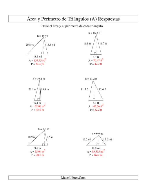 La hoja de ejercicios de Área y Perímetro de Triángulos, Un Lugar Decimal, Rango de 5 a 20 (A) Página 2