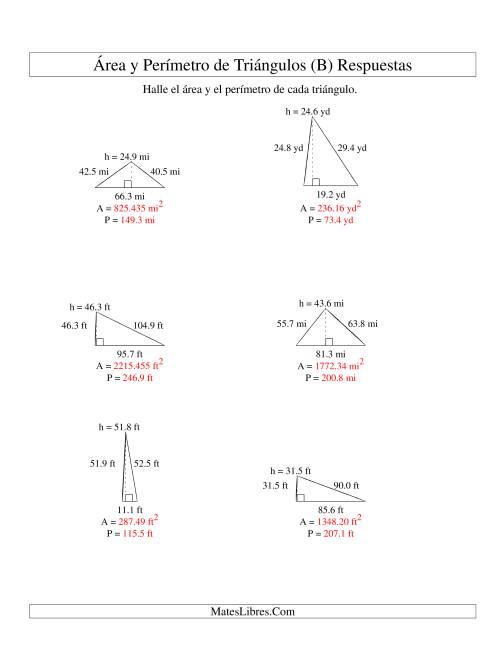 La hoja de ejercicios de Área y Perímetro de Triángulos, Un Lugar Decimal, Rango de 10 a 99 (B) Página 2