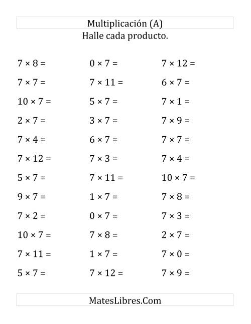 La hoja de ejercicios de Multiplicación Horizontal, Productos de 0 a 12 por 7 (Grande)