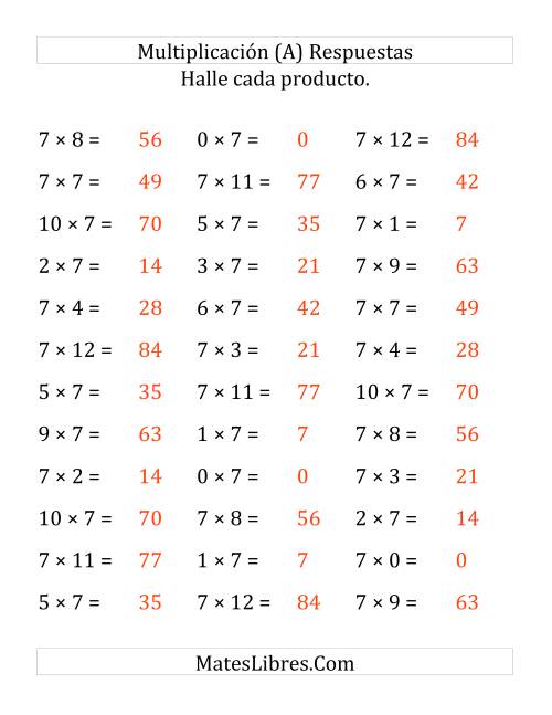 La hoja de ejercicios de Multiplicación Horizontal, Productos de 0 a 12 por 7 (Grande) Página 2