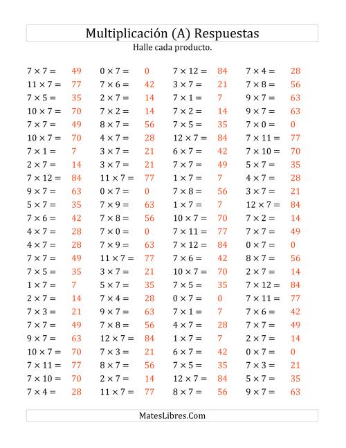 La hoja de ejercicios de Multiplicación Horizontal, Productos de 0 a 12 por 7 (Todas) Página 2