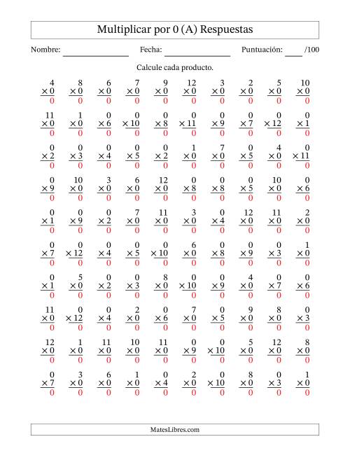 La hoja de ejercicios de Multiplicar (Factores de 1 a 12) por 0 (100 Preguntas) (A) Página 2