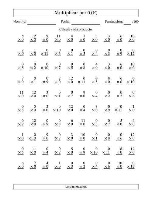 La hoja de ejercicios de Multiplicar (Factores de 1 a 12) por 0 (100 Preguntas) (F)