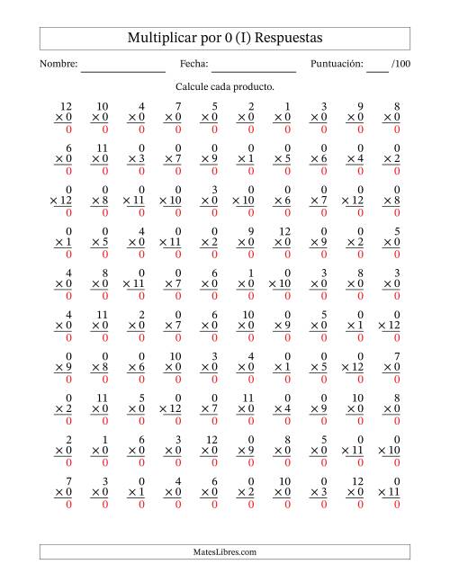 La hoja de ejercicios de Multiplicar (Factores de 1 a 12) por 0 (100 Preguntas) (I) Página 2