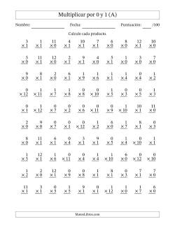 Multiplicar (Factores de 1 a 12) por 0 y 1 (100 Preguntas)