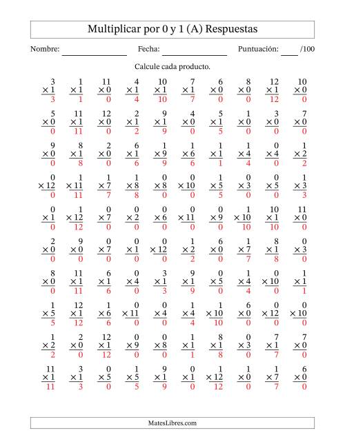 La hoja de ejercicios de Multiplicar (Factores de 1 a 12) por 0 y 1 (100 Preguntas) (A) Página 2