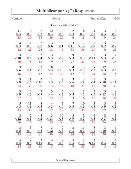 La hoja de ejercicios de Multiplicar (Factores de 1 a 12) por 3 (100 Preguntas) (C) Página 2