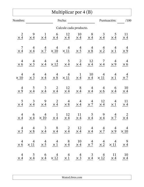 La hoja de ejercicios de Multiplicar (Factores de 1 a 12) por 4 (100 Preguntas) (B)