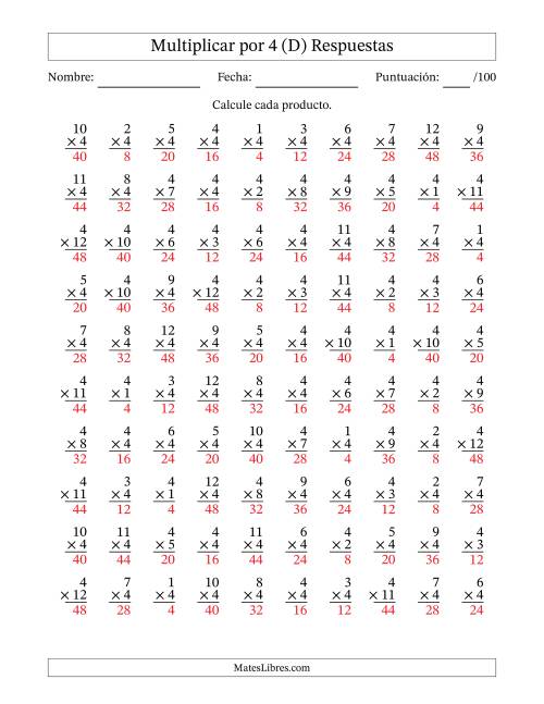 La hoja de ejercicios de Multiplicar (Factores de 1 a 12) por 4 (100 Preguntas) (D) Página 2