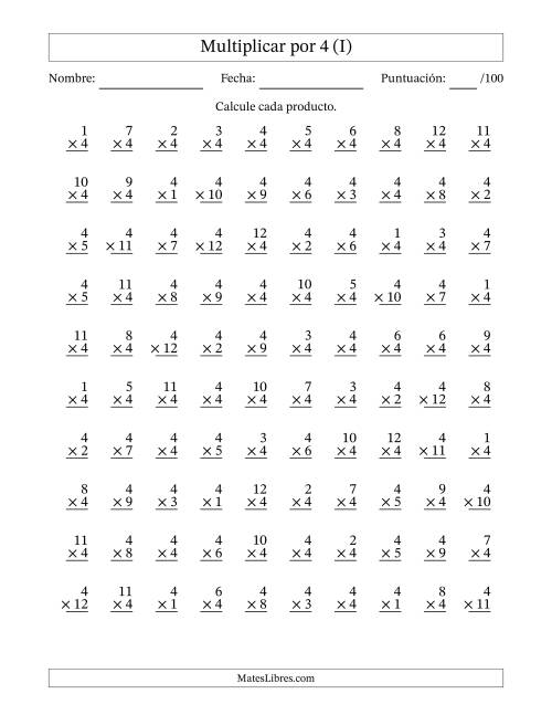 La hoja de ejercicios de Multiplicar (Factores de 1 a 12) por 4 (100 Preguntas) (I)