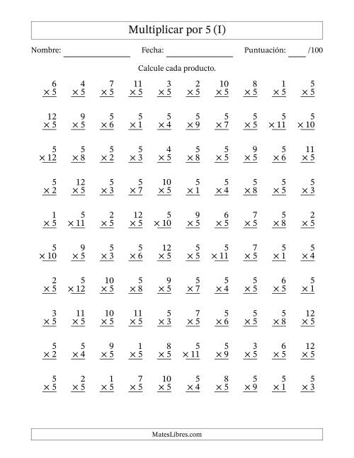 La hoja de ejercicios de Multiplicar (Factores de 1 a 12) por 5 (100 Preguntas) (I)