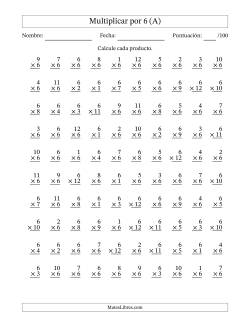 Multiplicar (Factores de 1 a 12) por 6 (100 Preguntas)