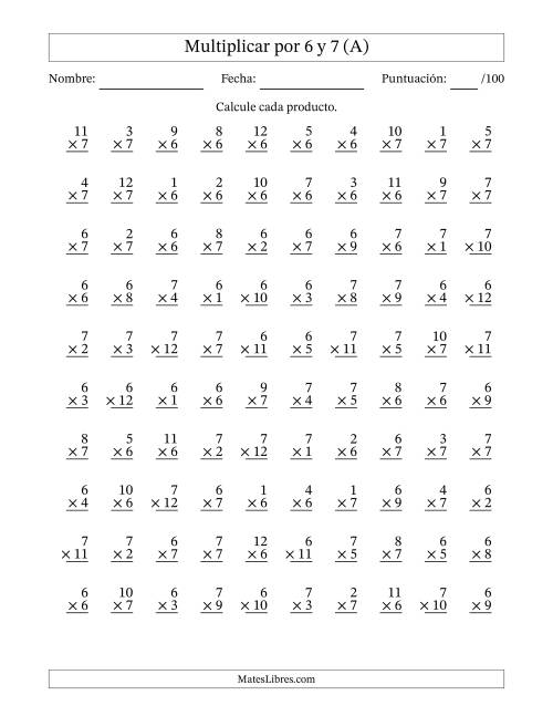 La hoja de ejercicios de Multiplicar (Factores de 1 a 12) por 6 y 7 (100 Preguntas) (A)