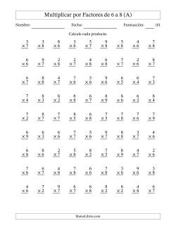 Multiplicar (Factores de 2 a 9) por Factores de 6 a 8 (81 Preguntas)