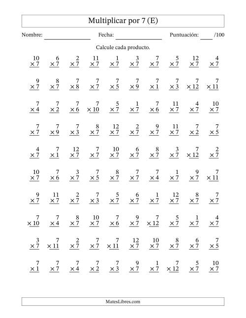 La hoja de ejercicios de Multiplicar (Factores de 1 a 12) por 7 (100 Preguntas) (E)