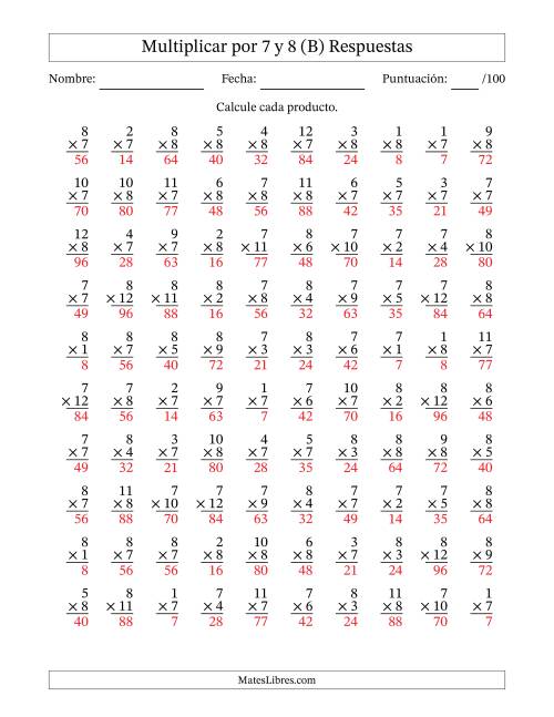 La hoja de ejercicios de Multiplicar (Factores de 1 a 12) por 7 y 8 (100 Preguntas) (B) Página 2