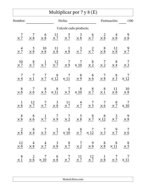 La hoja de ejercicios de Multiplicar (Factores de 1 a 12) por 7 y 8 (100 Preguntas) (E)