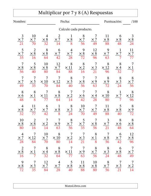 La hoja de ejercicios de Multiplicar (Factores de 1 a 12) por 7 y 8 (100 Preguntas) (Todas) Página 2