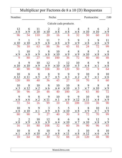 La hoja de ejercicios de Multiplicar (Factores de 1 a 12) por Factores de 8 a 10 (100 Preguntas) (D) Página 2