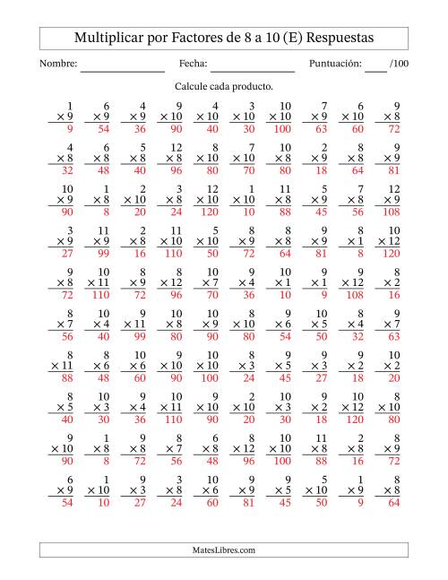 La hoja de ejercicios de Multiplicar (Factores de 1 a 12) por Factores de 8 a 10 (100 Preguntas) (E) Página 2