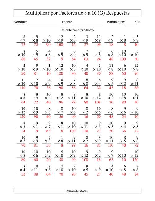 La hoja de ejercicios de Multiplicar (Factores de 1 a 12) por Factores de 8 a 10 (100 Preguntas) (G) Página 2