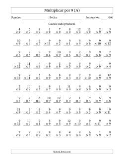 Multiplicar (Factores de 1 a 12) por 9 (100 Preguntas)