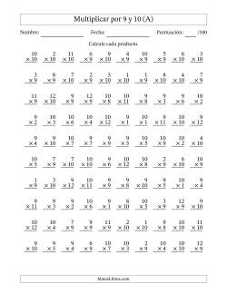 Multiplicar (Factores de 1 a 12) por 9 y 10 (100 Preguntas)