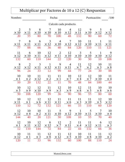 La hoja de ejercicios de Multiplicar (Factores de 1 a 12) por Factores de 10 a 12 (100 Preguntas) (C) Página 2