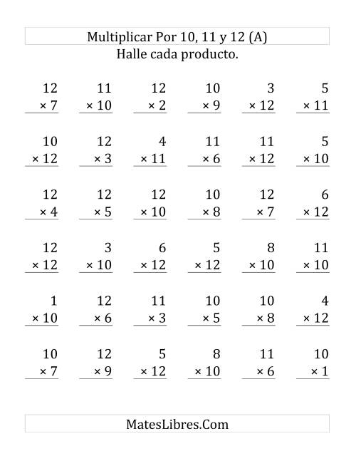 La hoja de ejercicios de Multiplicar de 1 a 12 por 10, 11 y 12 (Grande)