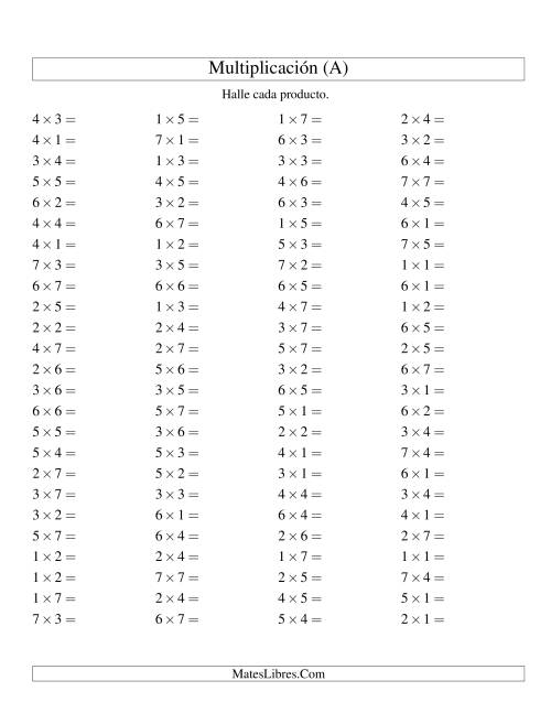 La hoja de ejercicios de Multiplicación Horizontal, Productos Hasta 49 (A)