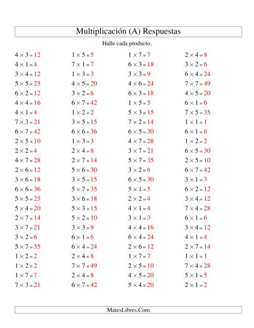 La hoja de ejercicios de Multiplicación Horizontal, Productos Hasta 49 (A) Página 2