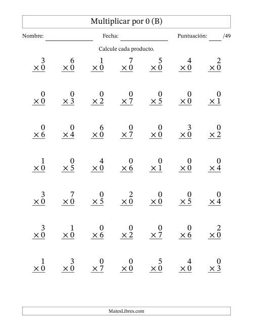 La hoja de ejercicios de Multiplicar (Factores de 0 a 7) por 0 (49 Preguntas) (B)
