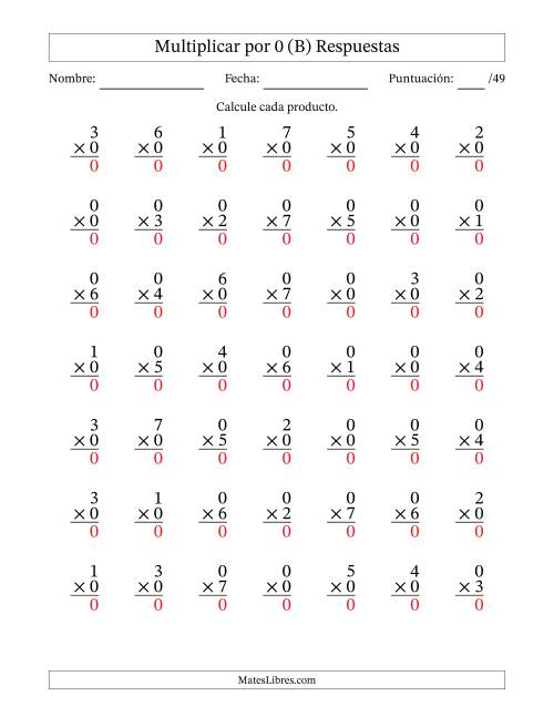 La hoja de ejercicios de Multiplicar (Factores de 0 a 7) por 0 (49 Preguntas) (B) Página 2