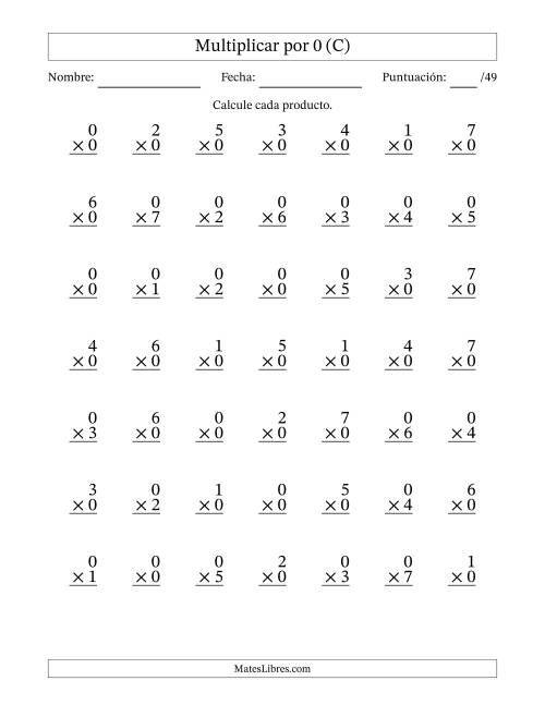 La hoja de ejercicios de Multiplicar (Factores de 0 a 7) por 0 (49 Preguntas) (C)