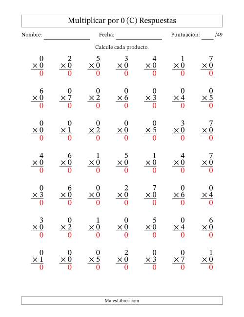 La hoja de ejercicios de Multiplicar (Factores de 0 a 7) por 0 (49 Preguntas) (C) Página 2