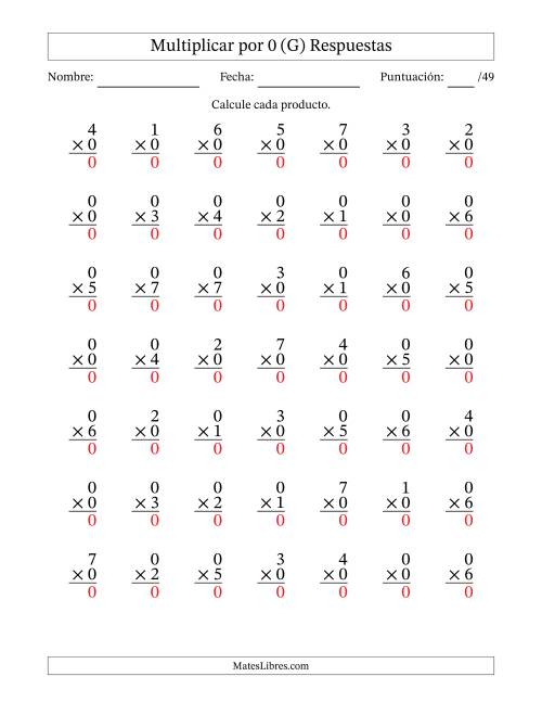 La hoja de ejercicios de Multiplicar (Factores de 0 a 7) por 0 (49 Preguntas) (G) Página 2