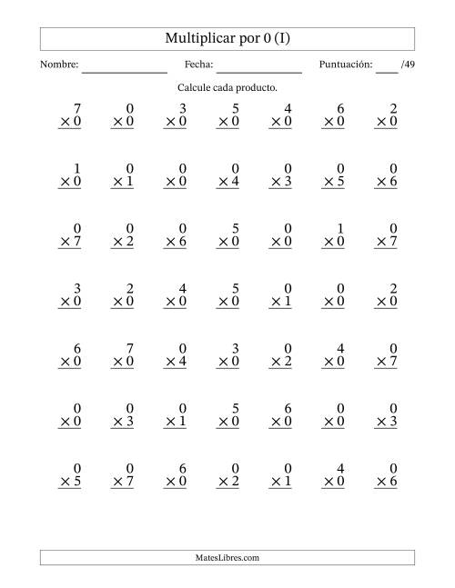 La hoja de ejercicios de Multiplicar (Factores de 0 a 7) por 0 (49 Preguntas) (I)