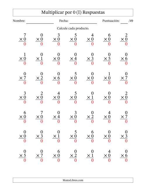 La hoja de ejercicios de Multiplicar (Factores de 0 a 7) por 0 (49 Preguntas) (I) Página 2