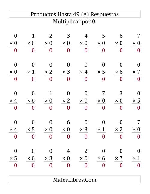 La hoja de ejercicios de Multiplicar por 0 (rango de 0 a 7) (Grande) Página 2